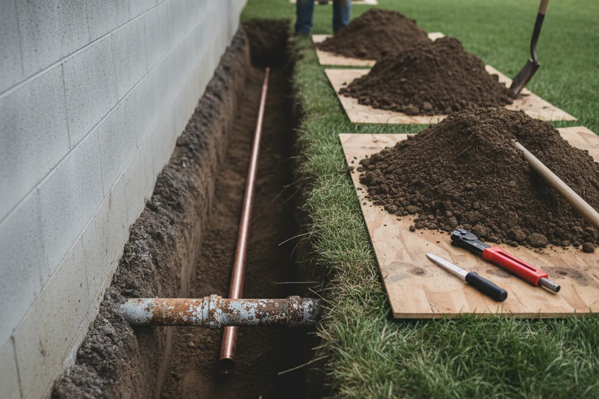 Excavated water line trench during Water Heater Repair in Glen Cove